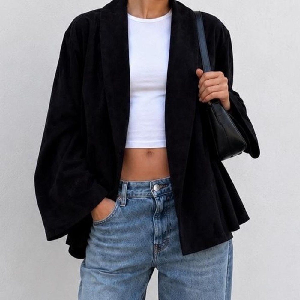 Vintage Black Suede Leather Blazer Womens L XL Oversized 90s